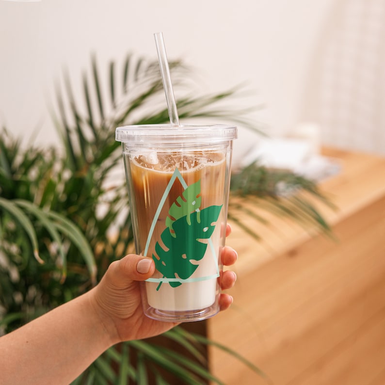 Clear Plastic Tumbler with Lid & Straw, Boho Plant Tumbler