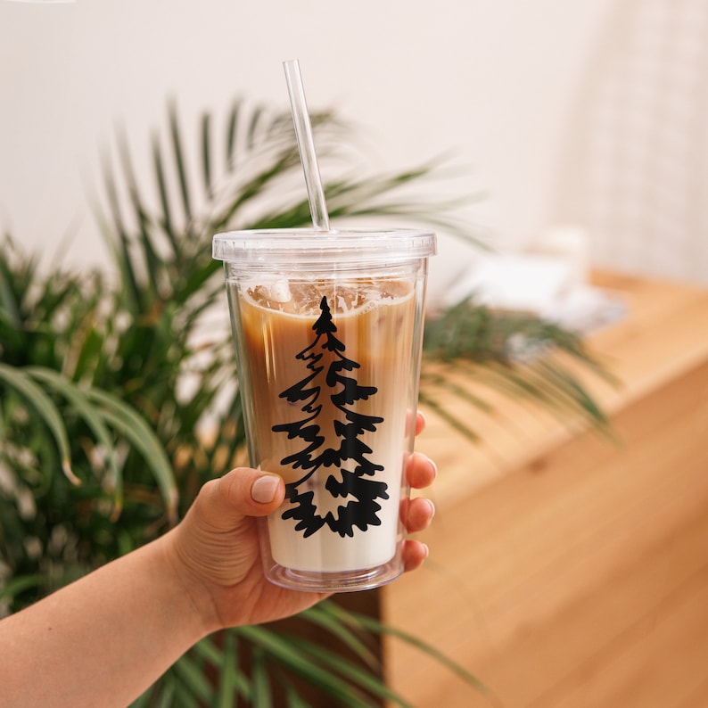 Clear Plastic Tumbler with Lid & Straw, Evergreen Tree Tumbler