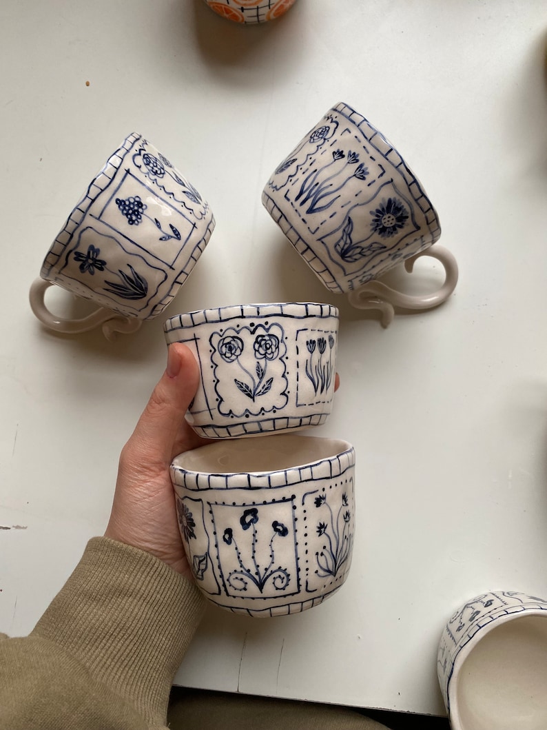 Handmade Blue Floral Ceramic Mugs