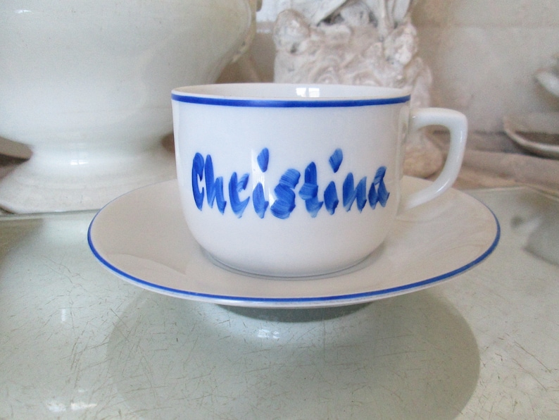 Vintage Old Small White Porcelain Cup with Blue Border