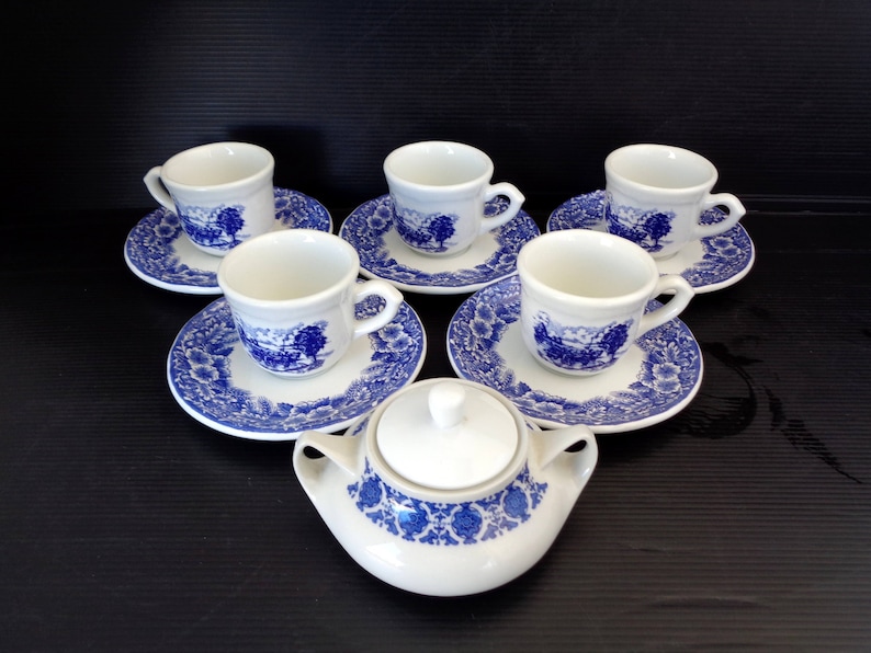 Vintage Set of 5 Classic Heavy Porcelain Coffee Cups and Saucers